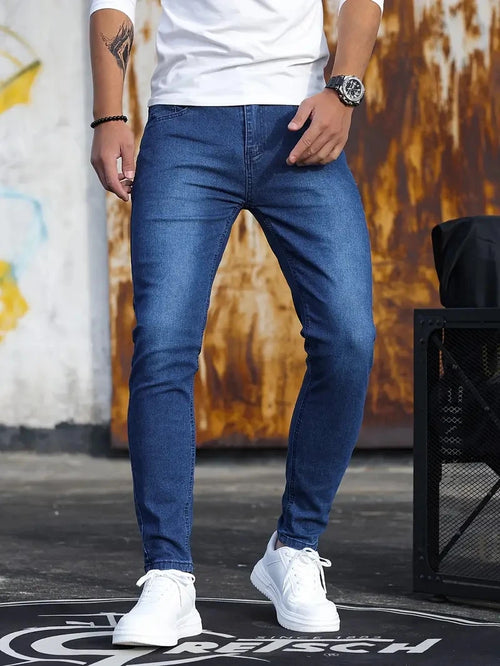 Man Pants Retro Washing Zipper Stretch Jeans Casual Slim Fit Trousers