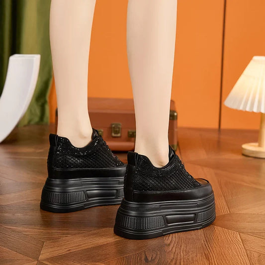 AUTUSPIN 9cm Platforms Chunky Sneakers for Women Leisure Shoes Summer Crystal Splicing Ladies Microfiber Leather Footwear Woman