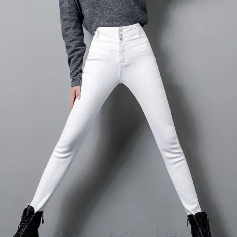 S-5XL Plus Velvet White Jeans Women High Waisted Skinny Leggings Long