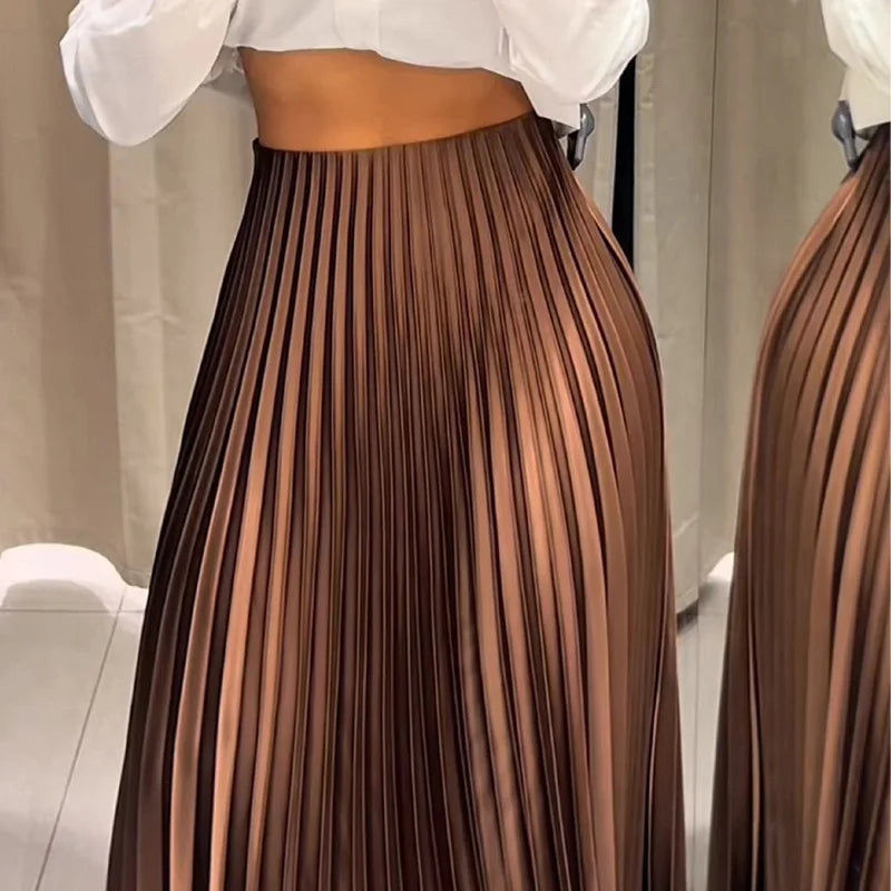 HXAO Women's Pleated Skirt Summer Brown Ruffle Skirt Cylinder Pleats