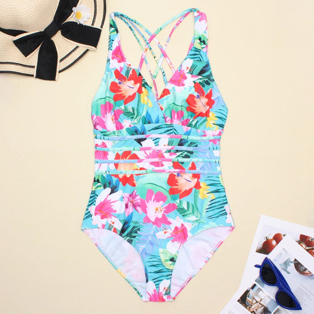 Women Printed One Piece Swimwear Sexy Backless Swimsuit V Neck Summer