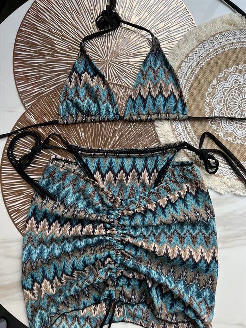 Women Swimsuit Colored Maple Leaves Knitted Bikini Skirt Three-Piece