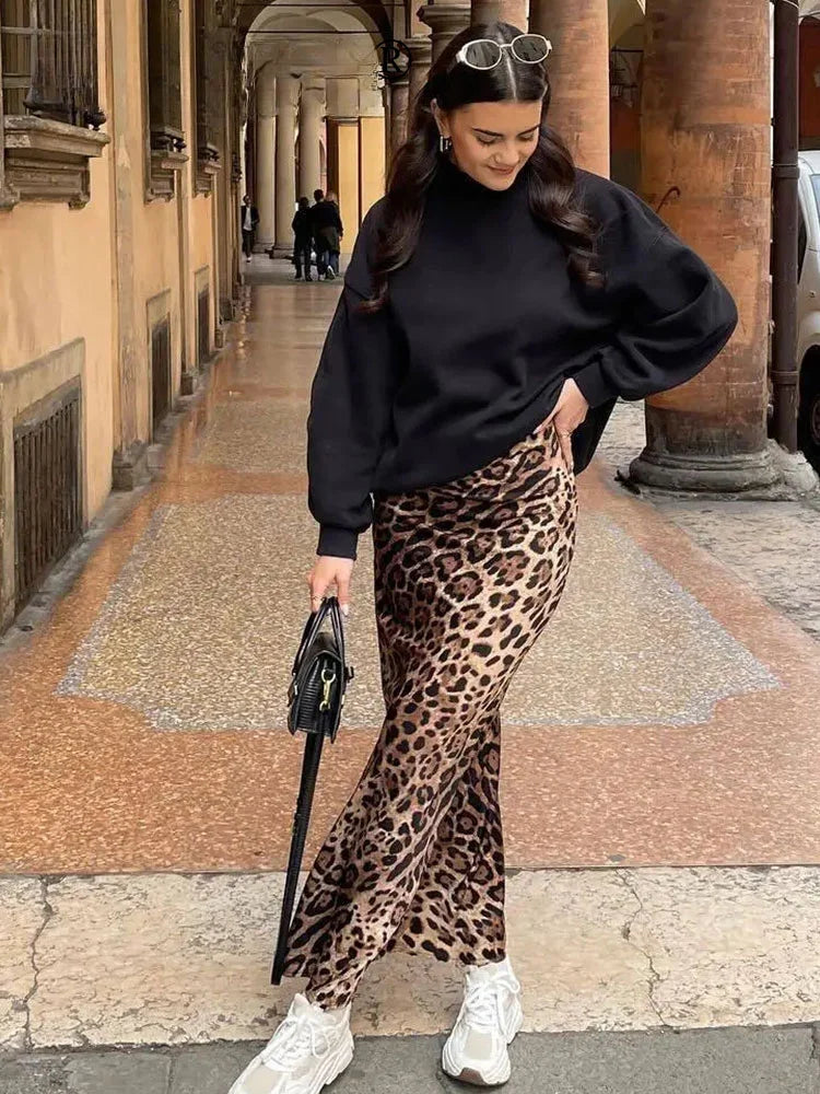 ASDS 2024 Women Fashion Leopard Print Skirt Vintage High Waist Midi