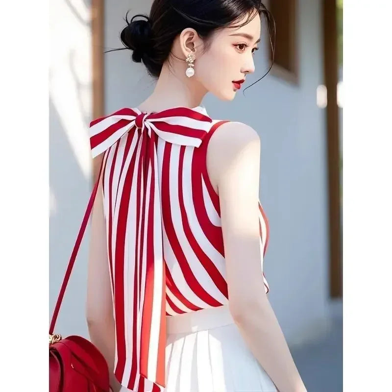 France Nostalgia White Red Striped Bow Shirt Women Sleeveless Tank
