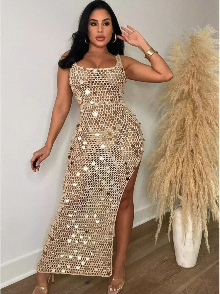 New Sexy S - XXL Fringe Sequin Knitted Crochet Tunic Beach Cover Up