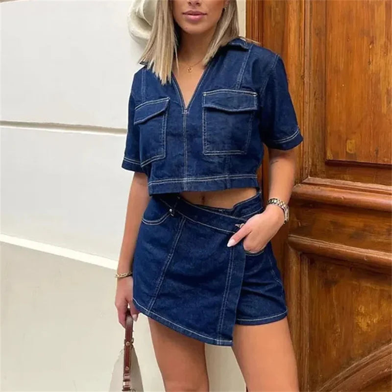 TRAF Blue Denim Shirt Woman Short Sleeve Cropped Shirt Women Summer