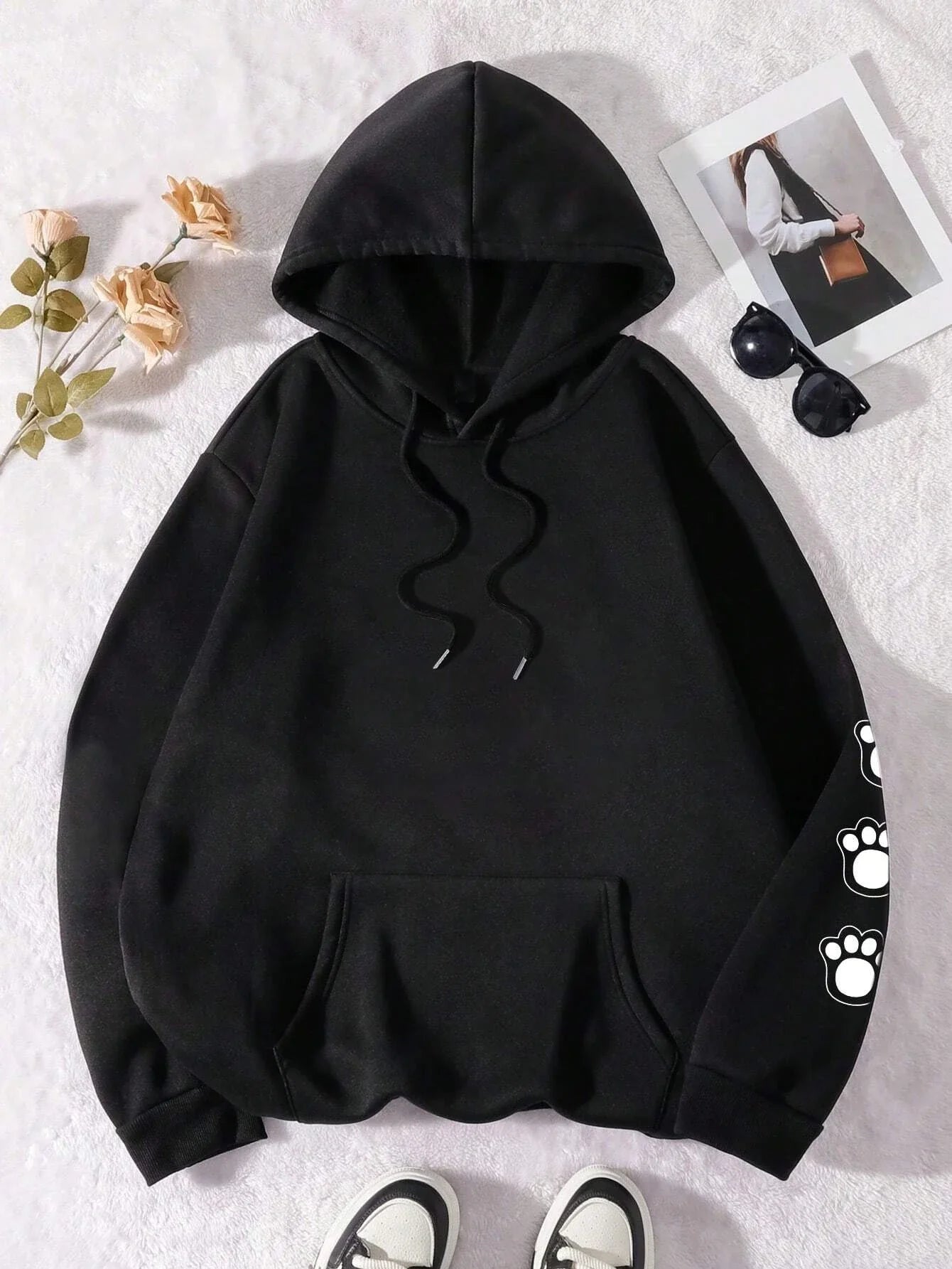 Talk To The Paw Funny Dog Cartoon Print Hoodie Women Warm Fleece Hoody