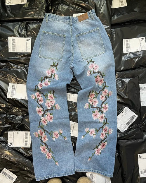 Y2K pants men Baggy Harajuku cherry blossom print pattern jeans Hip