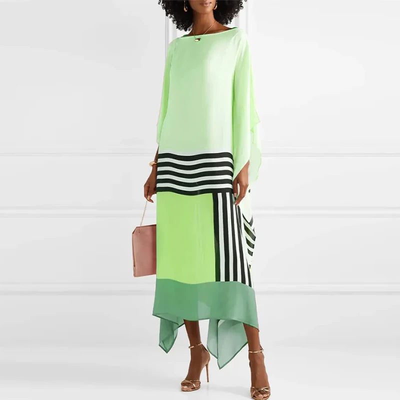Candy Stripe Print Patchwork Kaftan Dresses Women’s Spring Round Neck