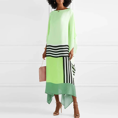 Candy Stripe Print Patchwork Kaftan Dresses Women’s Spring Round Neck