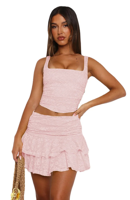 Women's Sexy Lace 2 Piece Skirts Outfits Clubwear Bodycon Sleeveless