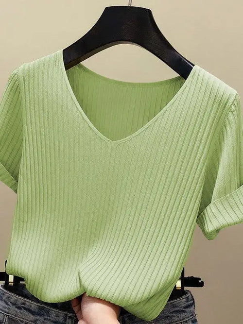Knitted short sleeve Women V-Neck T Shirts 2024 Blue Slim Black thin