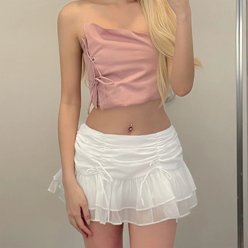 WhereMery Sexy Solid Women Skirt Perspective Pleated Mini Skirts Waist
