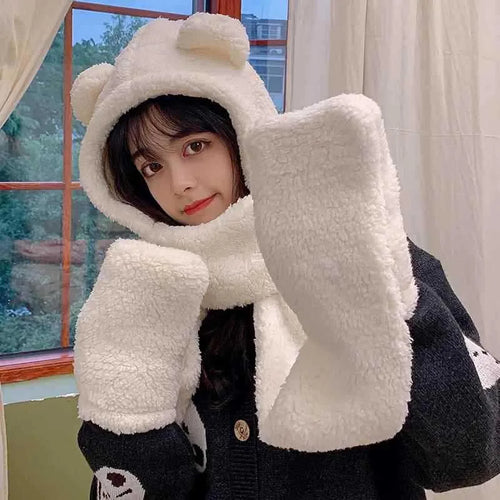 SIMPLEJEWEL™ Women Cute Bear Hoodie Hat Scarf Gloves Set 3-in-1
