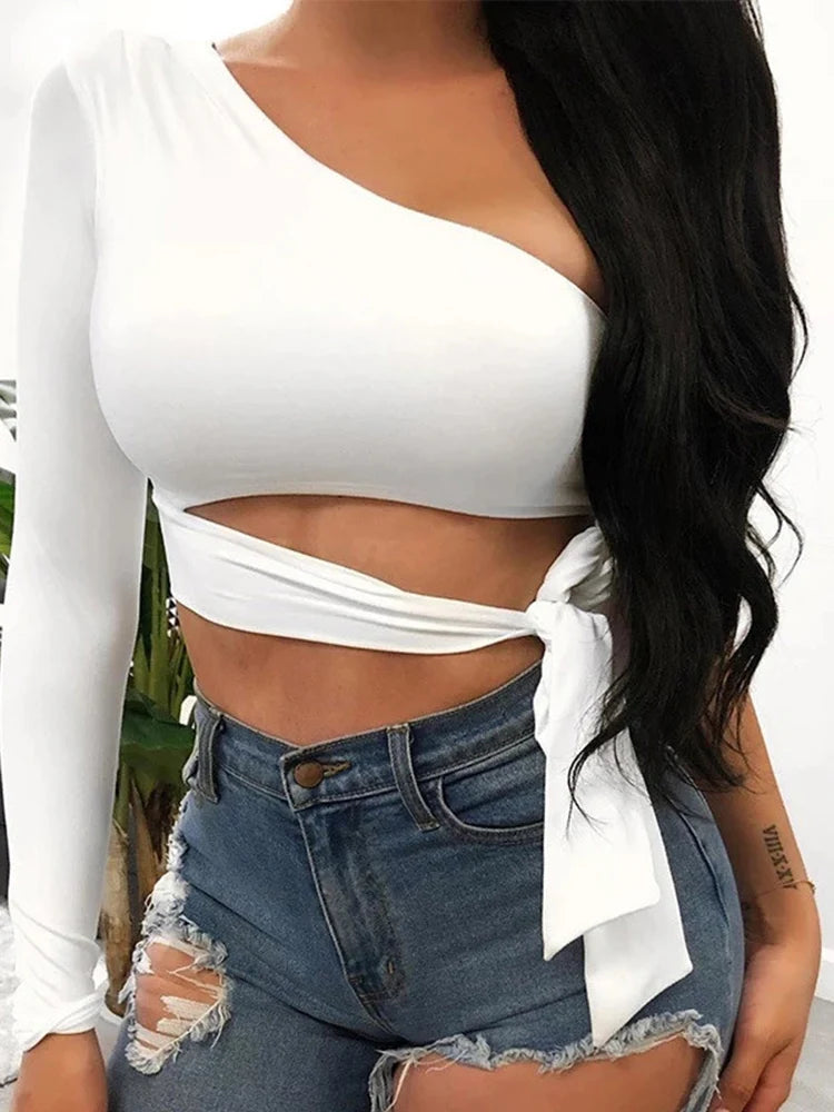 Women lady bandage slim tee tops long sleeve one-shoulder bow-tie