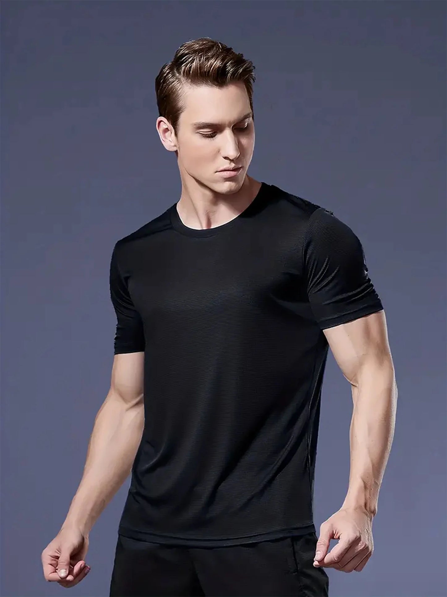 Round Neck T-Shirt 1 Piece Black Ultra-Light Men's Quick Drying