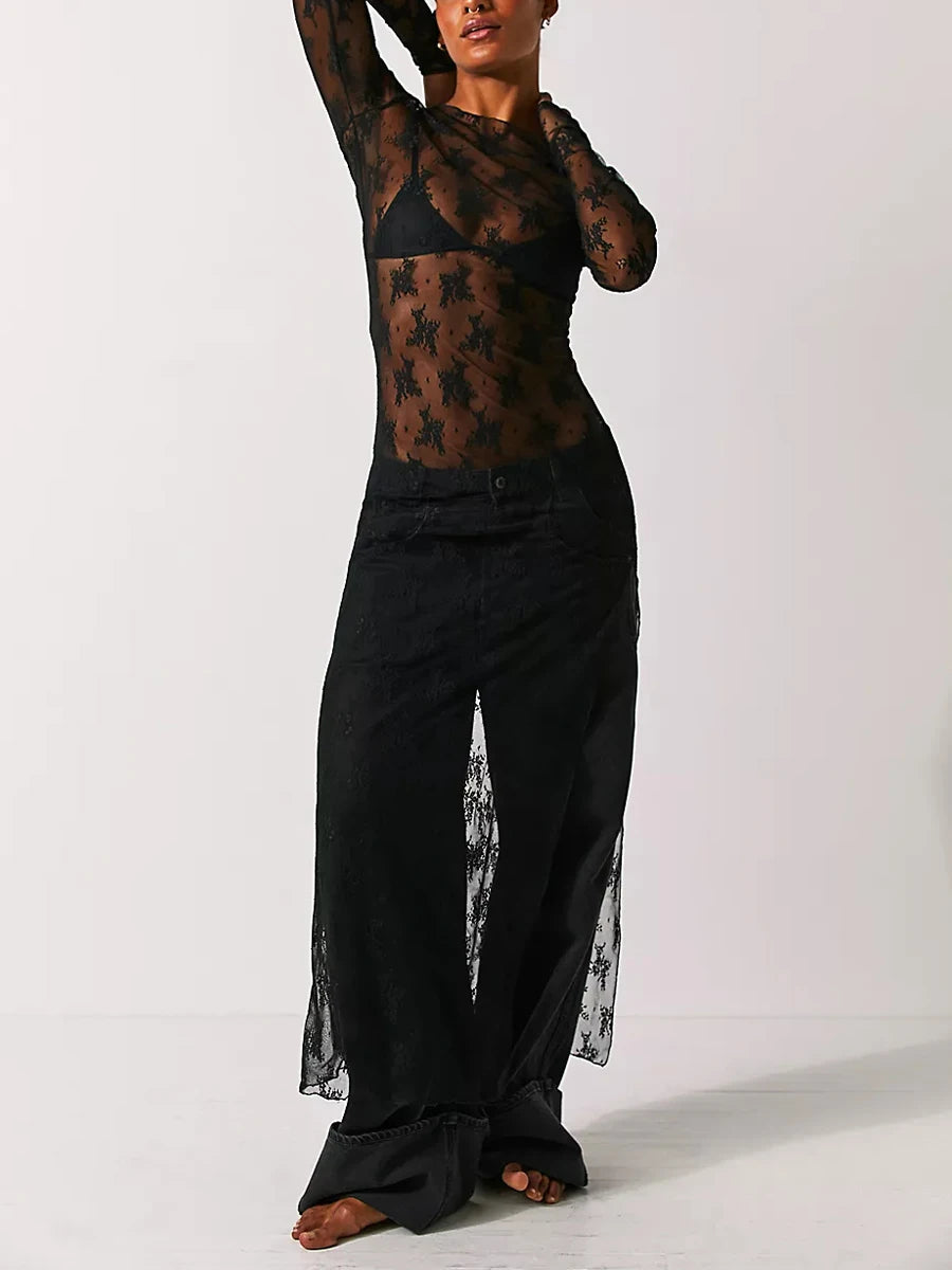 2025 New Womens See-Through Lace Dress, Long Sleeve Round Neck Slit