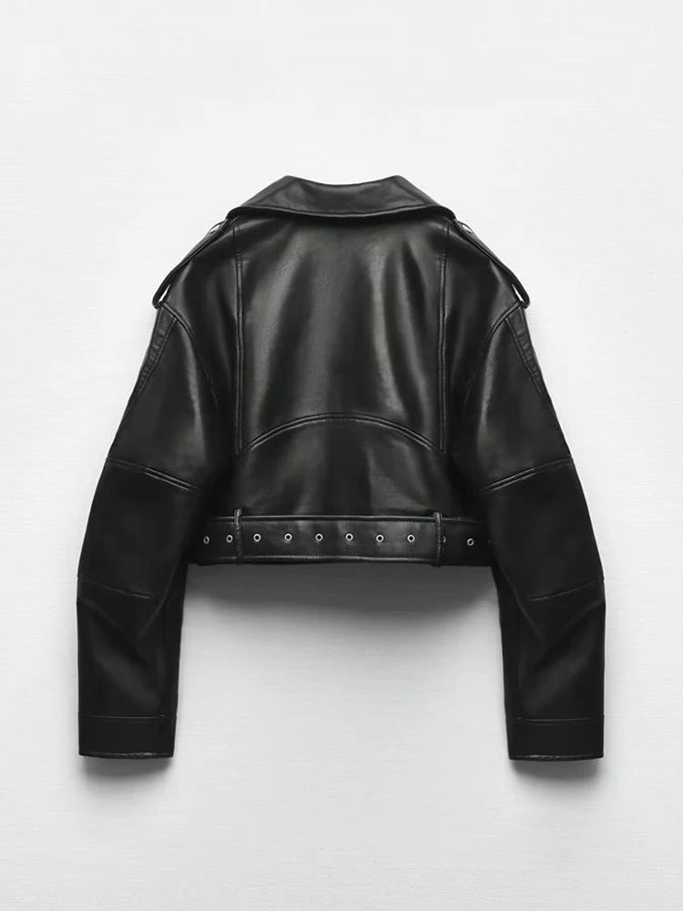 Ailegogo Spring Autumn Women Faux Pu Leather Short Jacket with Belt