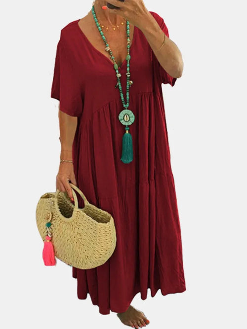Loose Casual Dresses Women Summer V- Neck Short Sleeve Vestidos Solid