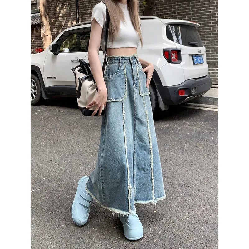 Women's Tassel Denim Long Skirts, Vintage Pocket, A-line Jeans Skirt,