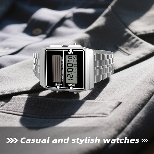 Solar Men‘s Digital Watch Retro Chronograph Stainless Steel Strap Waterproof Multifunctional Sport Electronic Watches