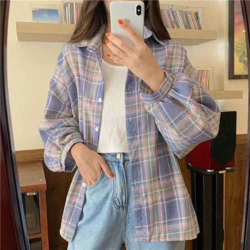 Plaid Shirt Women Autumn Long Sleeve Top Female Vintage Fashion Single