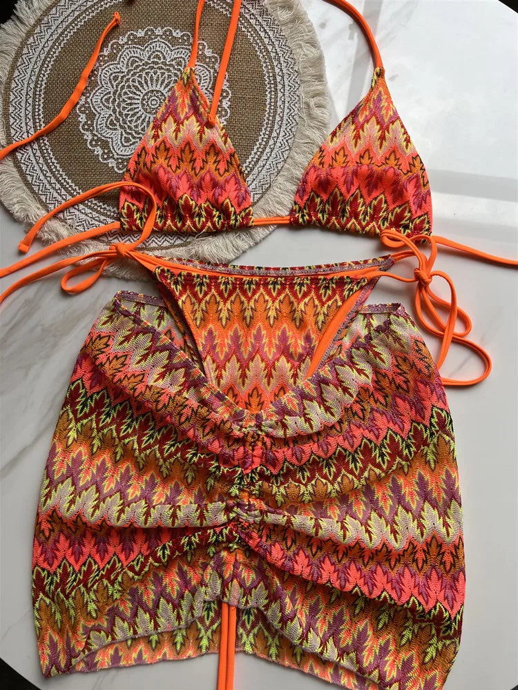 Women Swimsuit Colored Maple Leaves Knitted Bikini Skirt Three-Piece