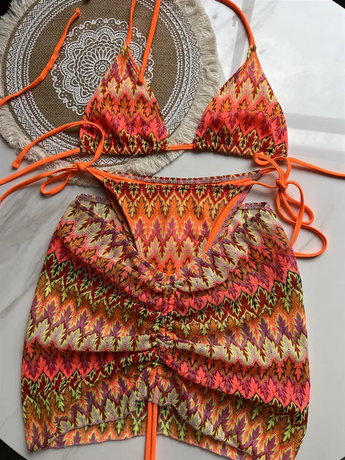 Women Swimsuit Colored Maple Leaves Knitted Bikini Skirt Three-Piece