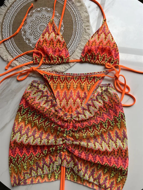 Women Swimsuit Colored Maple Leaves Knitted Bikini Skirt Three-Piece