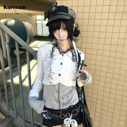 Karrram Japanese Y2k Fake Two-piece Knitted Tops Trashy 2000s Hooded
