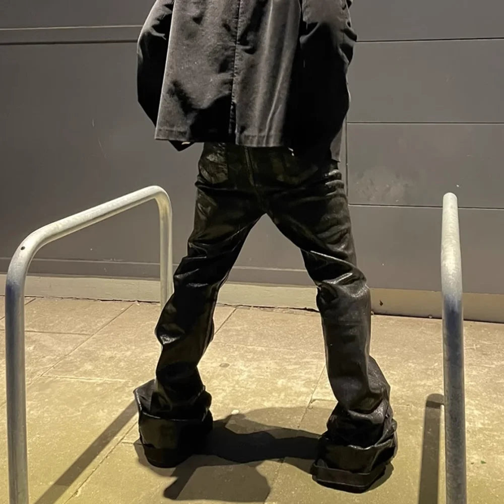 Streetwear Black Wax Leather Strecth Jeans for Men Ropa Hombre Baggy