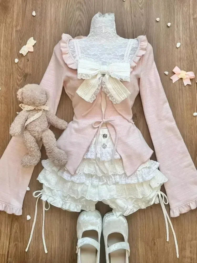 Vintage 3 Piece Skirt Suit Women Kawaii Ruffles Cardigan Outwear