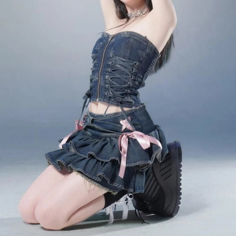 Blue Denim Pleated Skirt Bow Fold Design Women's A-line Short Skirt