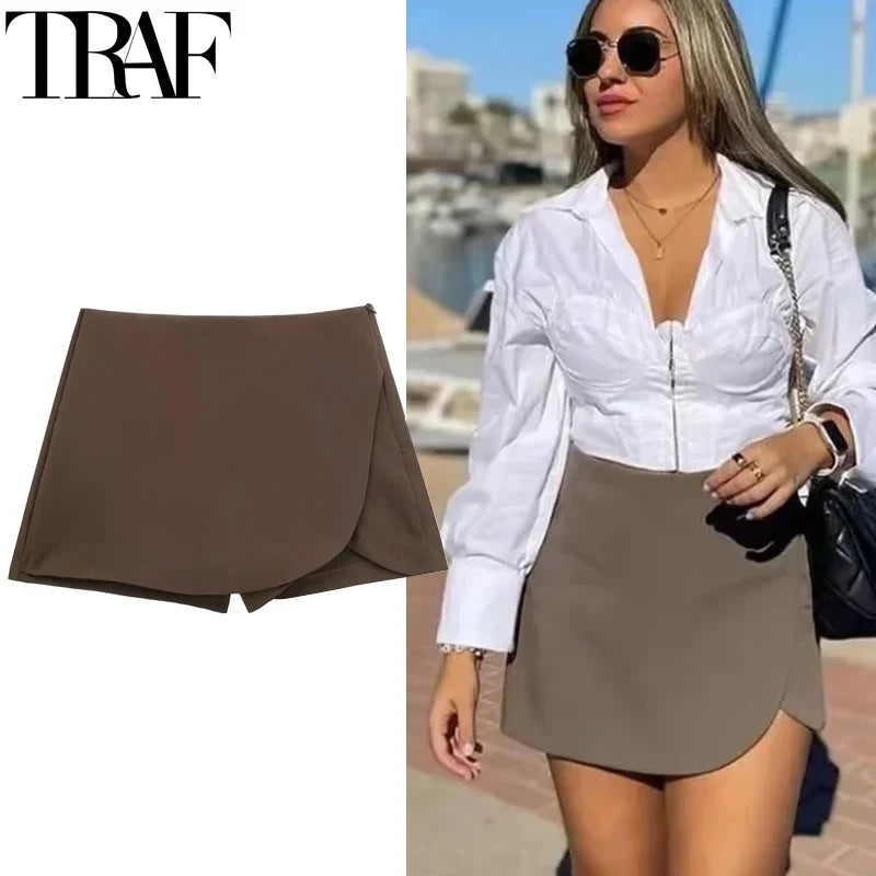TRAF Women's Skort High Waist Brown Skirt Pants Stylish Summer Pink