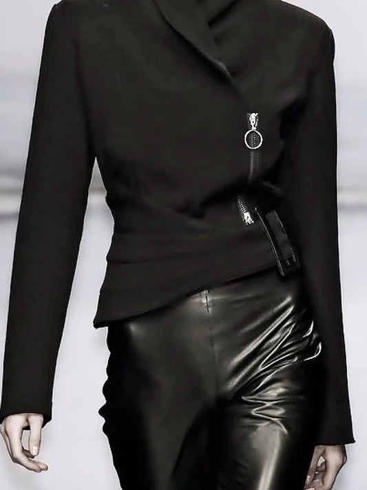 Modigirl Woman Autumn Winter Formal Evening Asymmetric Jackets 2025 New Long Sleeves Black Zipper Urban Casual Women's Outerwear