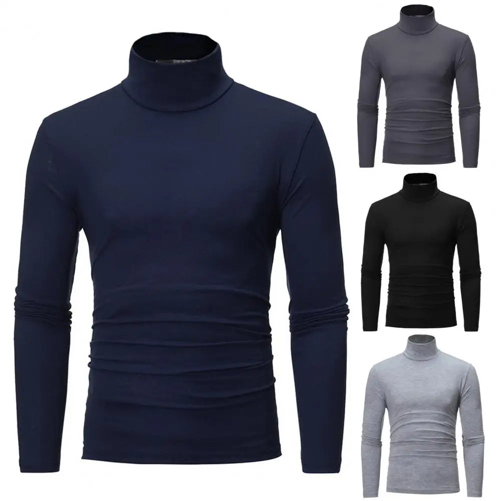 2021 New Men's Solid Color Turtleneck T Shirts Male Slim Fit Long