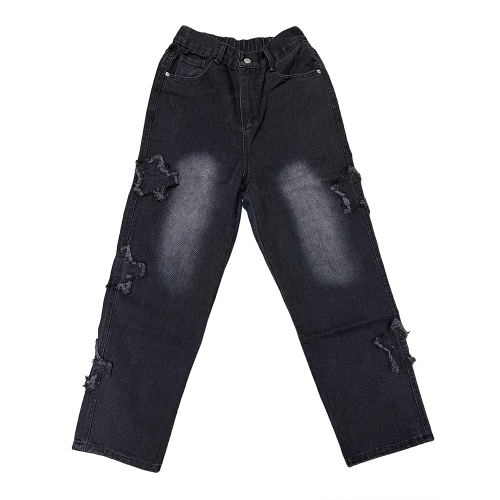 Stars Patchwork Men Jeans New Fashion Y2K Tassel Pants Korea Clothes