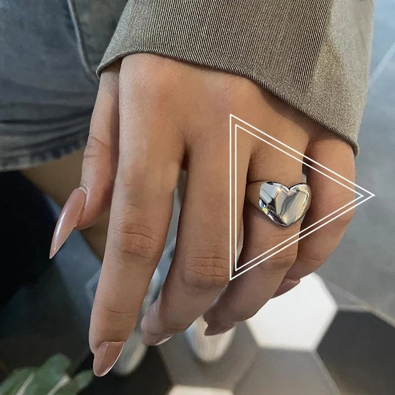 Stainless Steel Simple Smooth Metal Heart Ring for Women Men Y2K