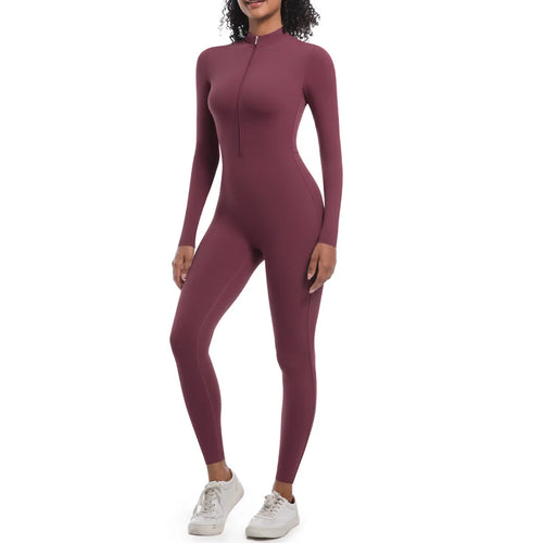 S-XL 2025 Nylon Zipper Long Sleeve Yoga Set Women One Piece Jumpsuit
