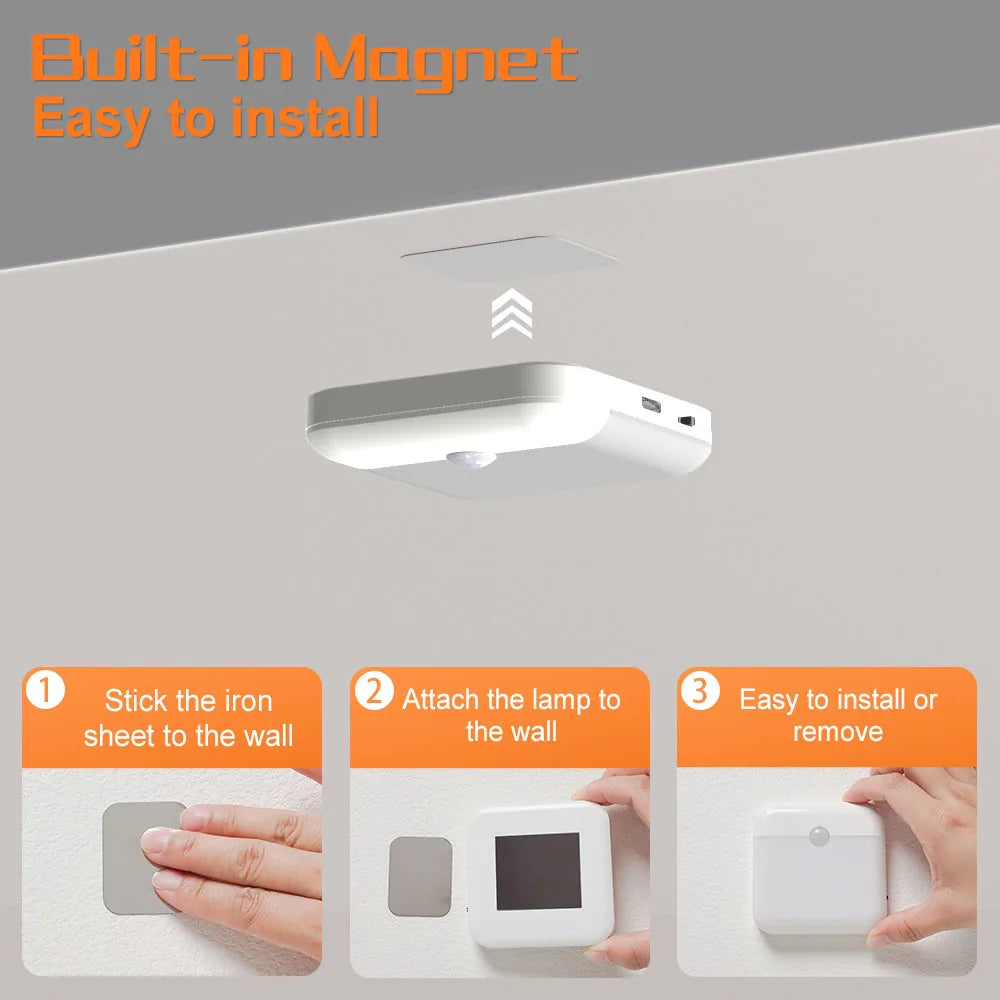 Motion Sensor Led Light Usb TYPE-C Charging Square Lamp for Bedroom