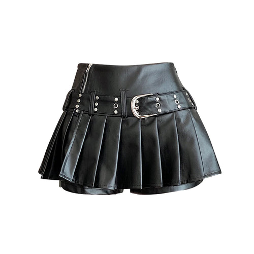 Women's Black Gothic A-line Pleated Leather Skirt Y2k Mini Shorts