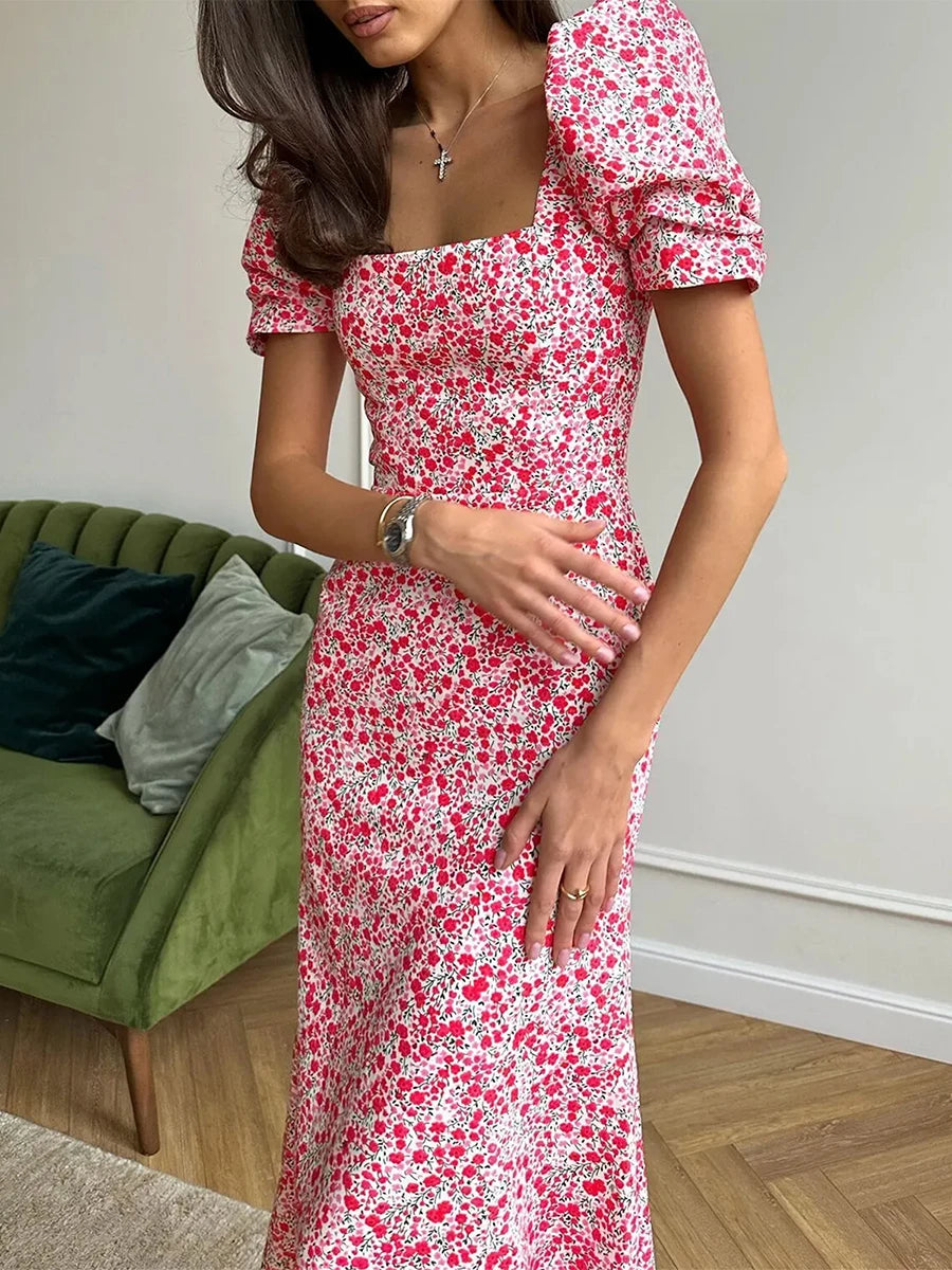 New Fashion Womens Summer Midi Dress Casual Short Puff Sleeve Floral