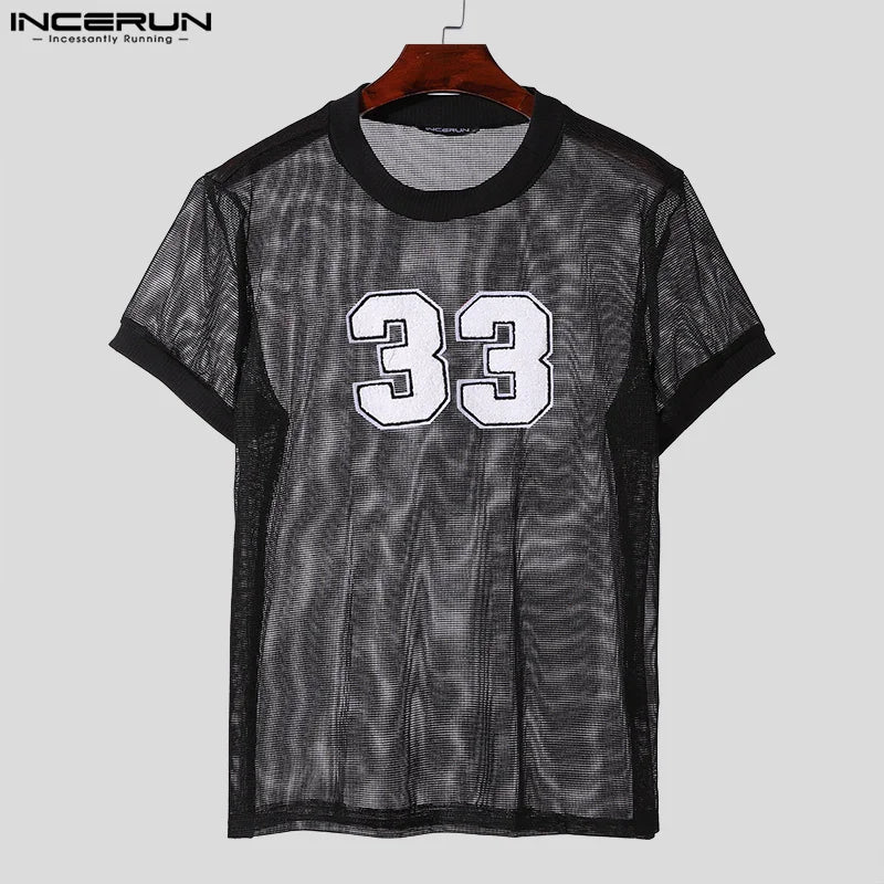 INCERUN Tops American Style Fashion Men Mesh Fabric Digit Printed