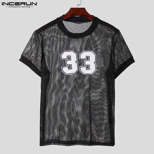 INCERUN Tops American Style Fashion Men Mesh Fabric Digit Printed