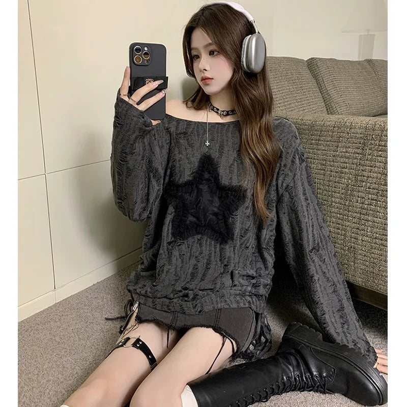 Harajuku Tshirts Fashion Tops Star Hollow Out Long Sleeve T Shirt