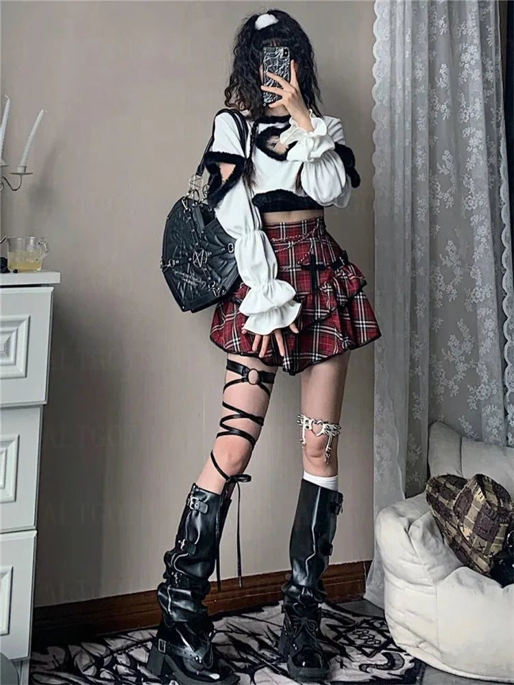 AltGoth Punk Gothic Red Plaid Skirt Women Vintage Y2k E-girl Emo Alt