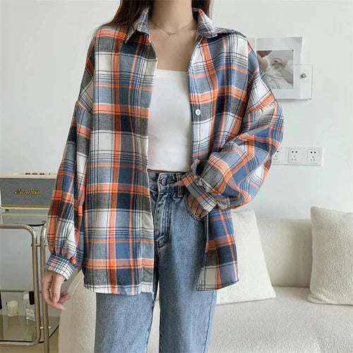 Plaid Shirt Women Autumn Long Sleeve Top Female Vintage Fashion Single