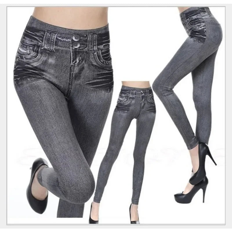 Women Leggings 2023 Fashion Faux Denim Jeans Leggings Sexy Long Pocket