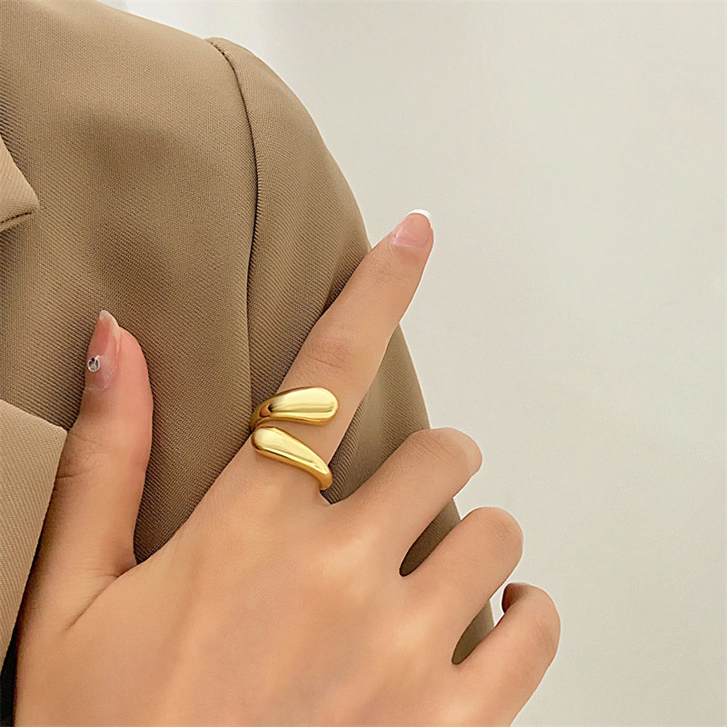 18K Gold Color Stainless Steel Smooth Double Beads Ring For Women