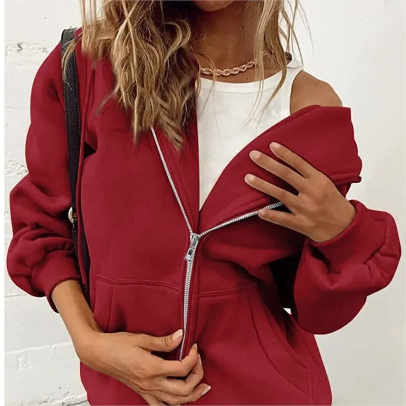 Fashion Gray Zip Up Sweatshirt Women Autumn Winter Jacket Clothes
